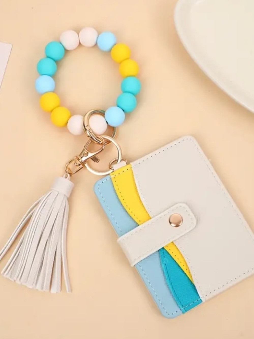 Colorblock Wristlet Keychain Cardholder - White, Blue & Yellow